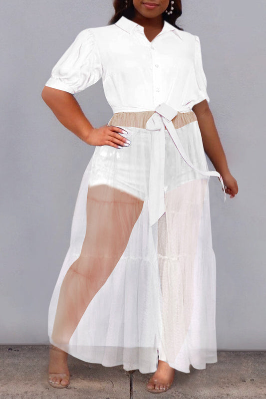 [Pre-Sale] Plus Size Solid See-Through Turnover Collar Lace Up Pleated Maxi Dresses