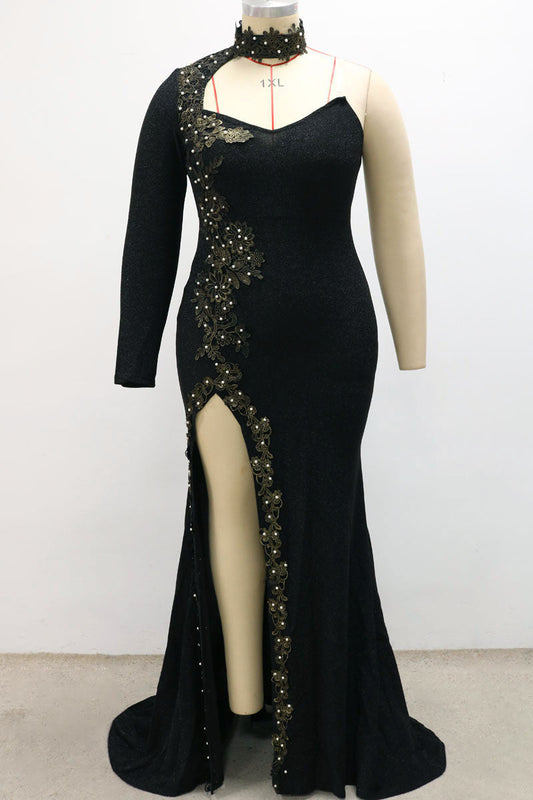 Plus Size One Shoulder Sequin Side High Split Joint Trailing Maxi Dress