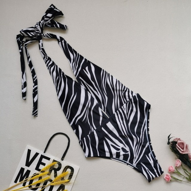 Plus Size Sexy Animal Print Bandage Halter Swimwear